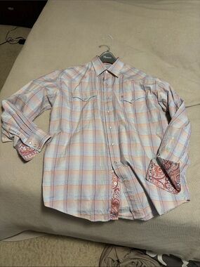 Stetson - Men's Plaid Button-Down Shirt in Pastel Peach & Blue